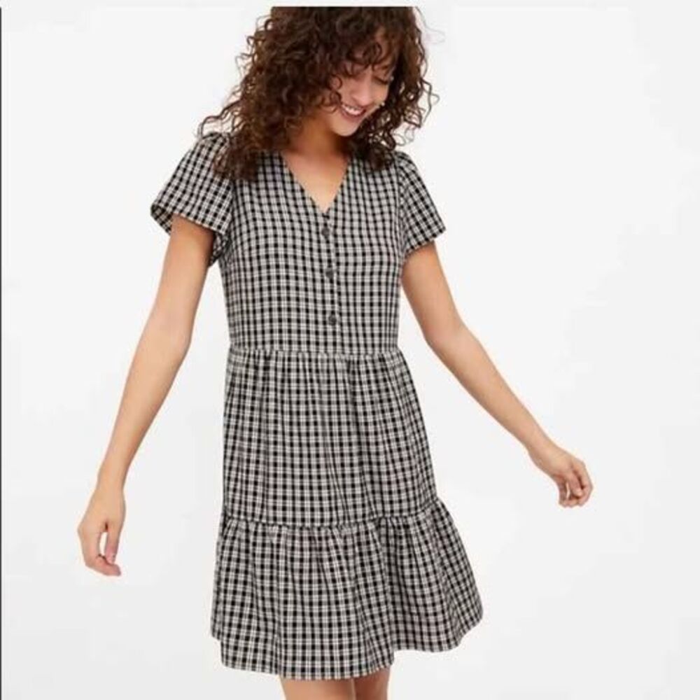 Loft Beige Black Plaid Tiered Swing Dress XL Petite